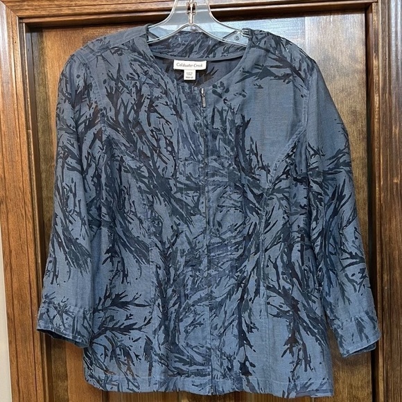 Coldwater Creek Zip Front Jacket‎ Slate Blue Burn Out 3/4 Sleeve Sz M 10-12 EUC - Picture 2 of 10